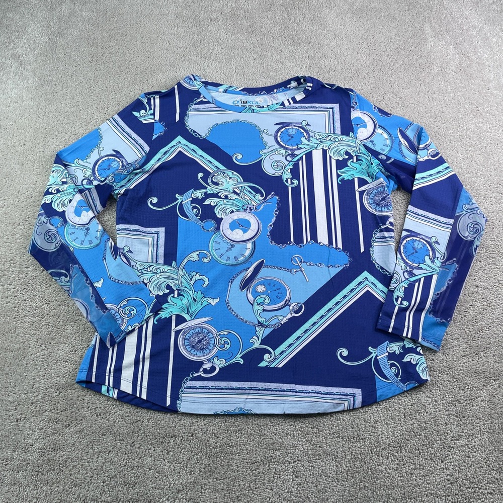 IBKUL Shirt Womens XL Blue Nautical Clock Print Mesh Sleeves Sun Protection Golf
